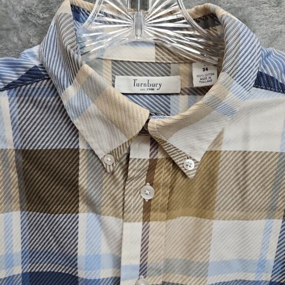 Turnbury Men's shirt sz L 34 blue beige plaid button down casual - Picture 3 of 11